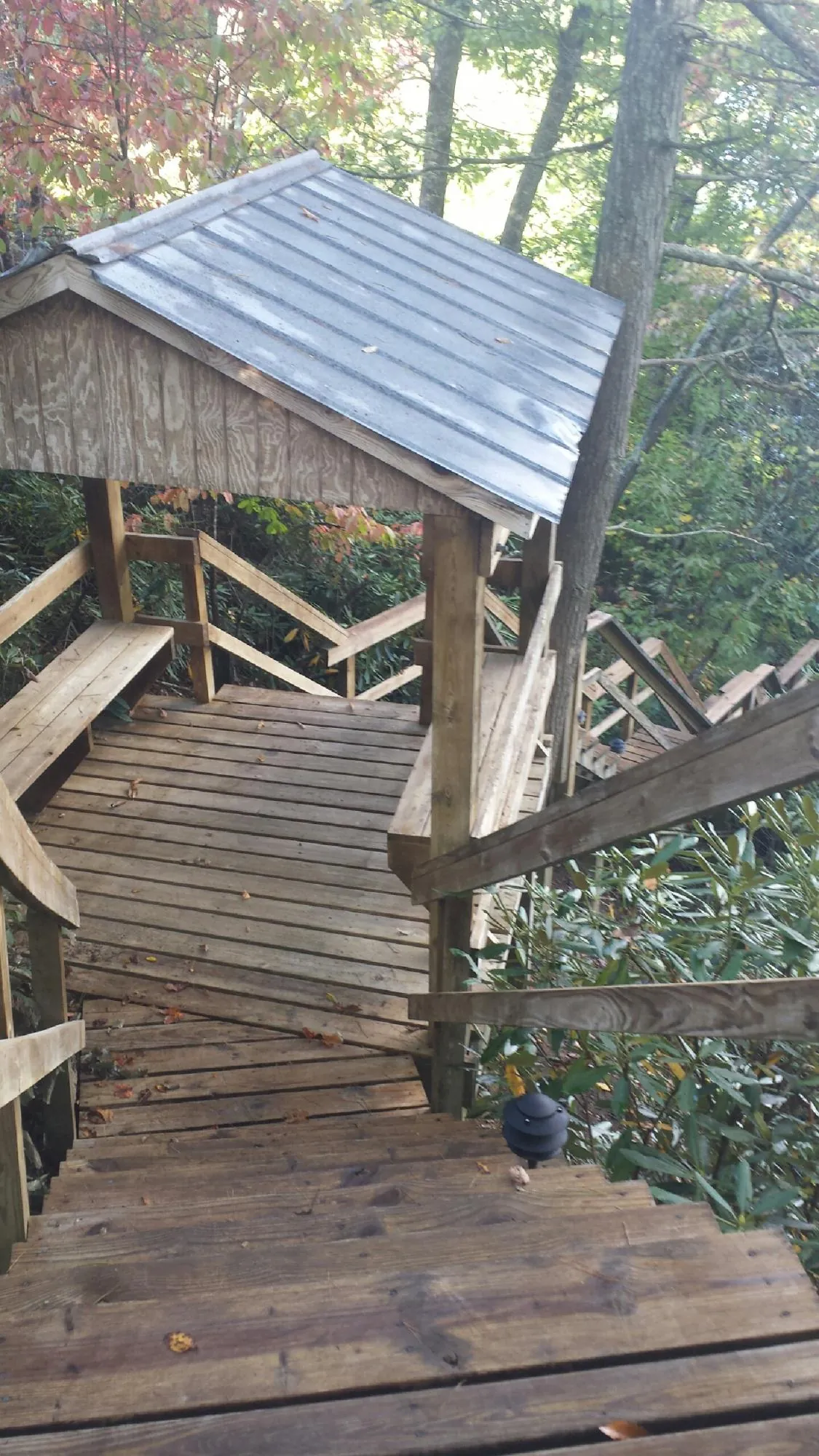 Metal roofed shelter over wooden steps on a wooded walkway — Skylight Repair & Installation work by our crew in Grandville